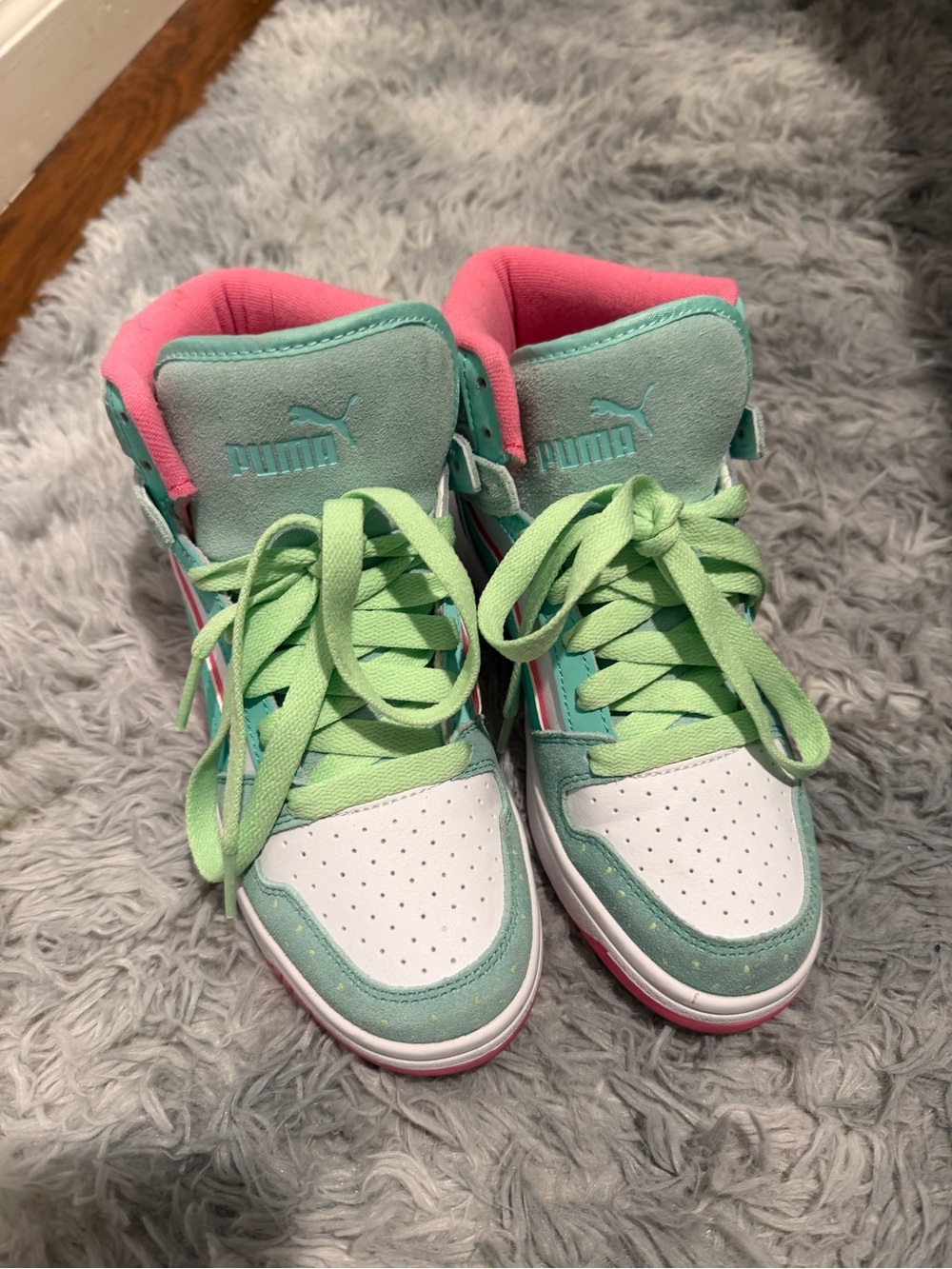 Squishmallow Puma Kids High-Top Sneakers in Mint Green, Pink & White